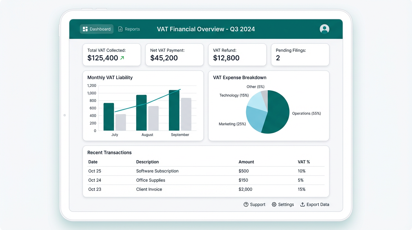 Financieel dashboard met omzet, kosten en BTW-overzicht