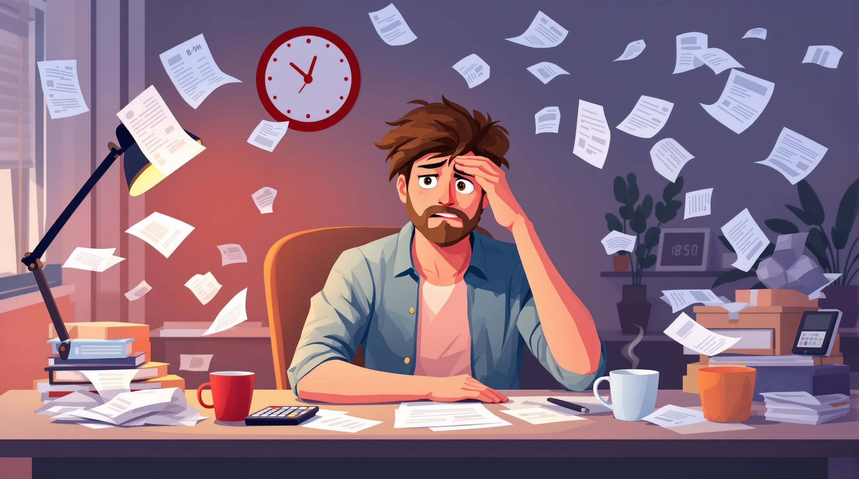Gestresste freelancer met rondslingerende facturen